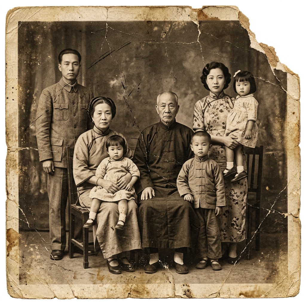 Damaged vintage 1940s Chinese family photograph with scratches, creases, and fading